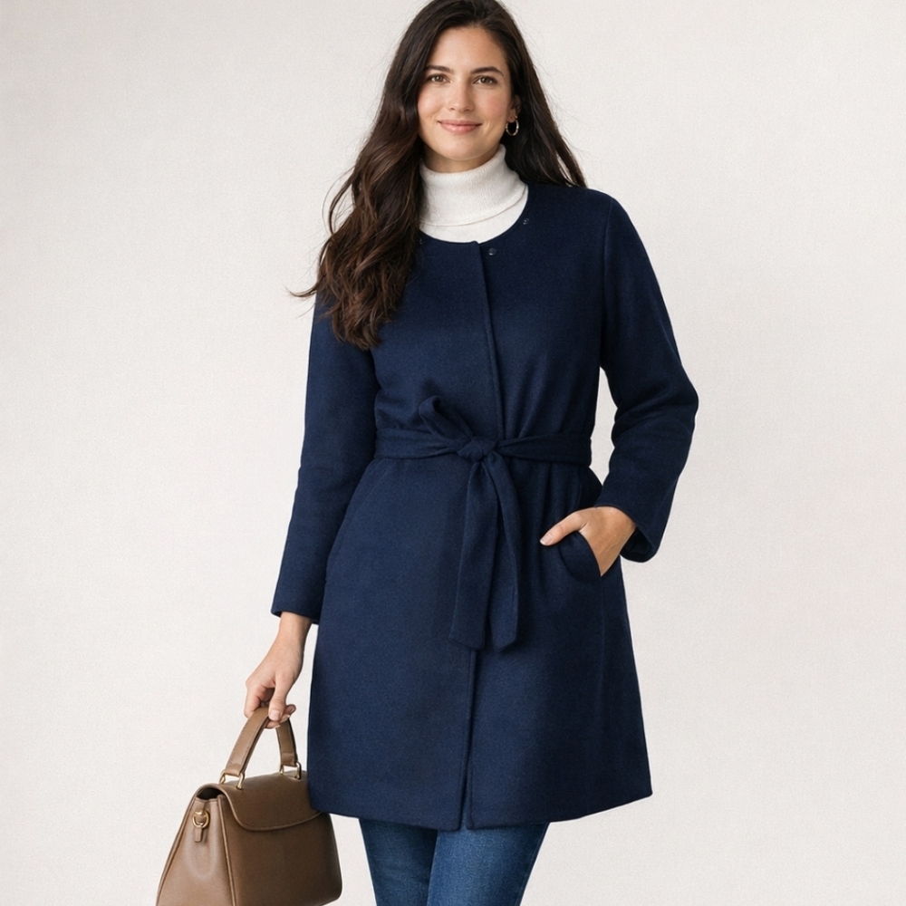 Wool blend Isaac Mirzah Live coat navy snap buttons self tie  belt nwot large